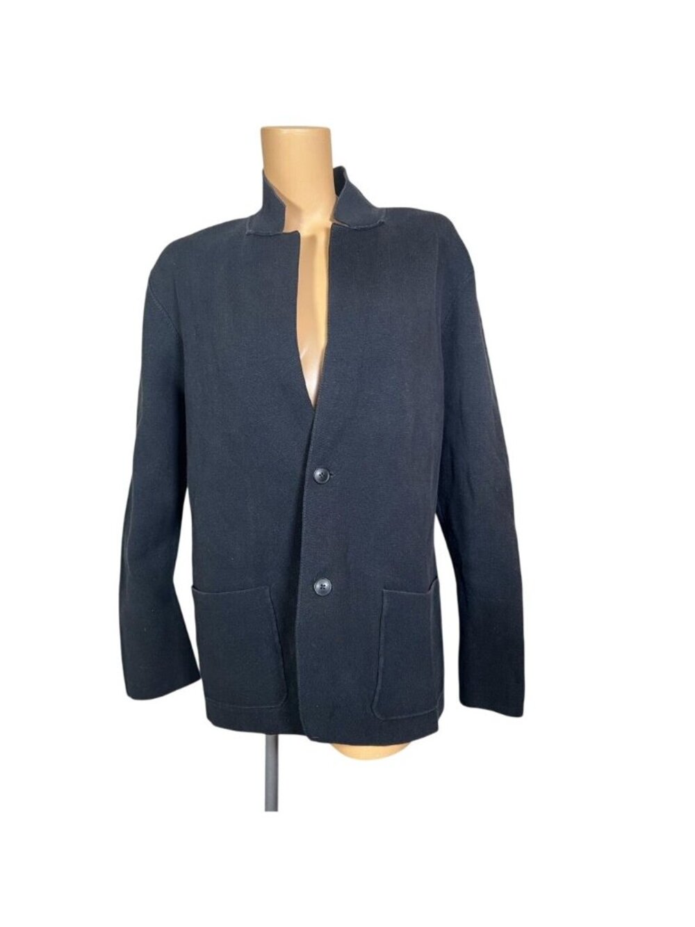 Uniqlo Womens Cardigan Sweater Black Collar Tight Knit Button Boyfriend L